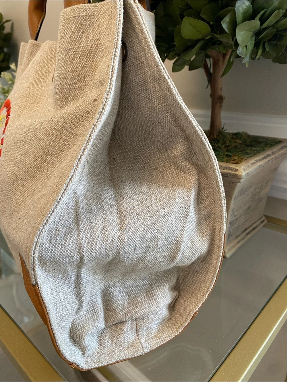 Tory Burch Canvas Tote with Tan Leather Trim and Embroidered Medallion